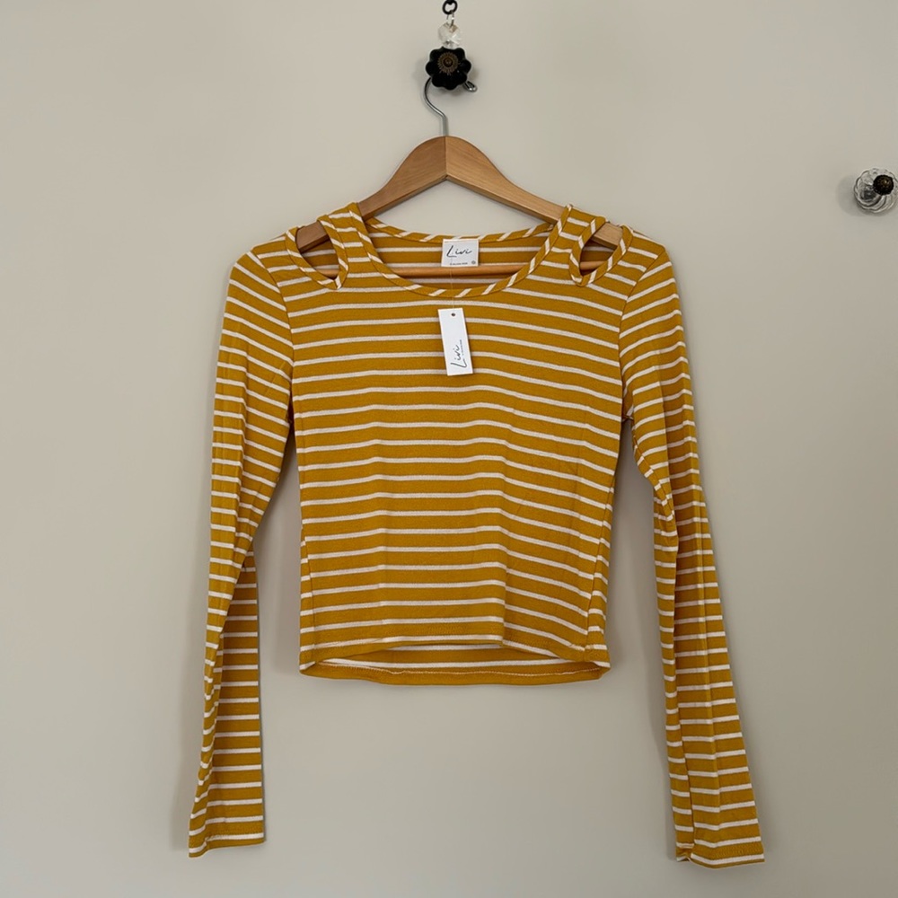 Livi by Olivia Rae mustard & white striped shirt, small w/ peekaboo shoulders